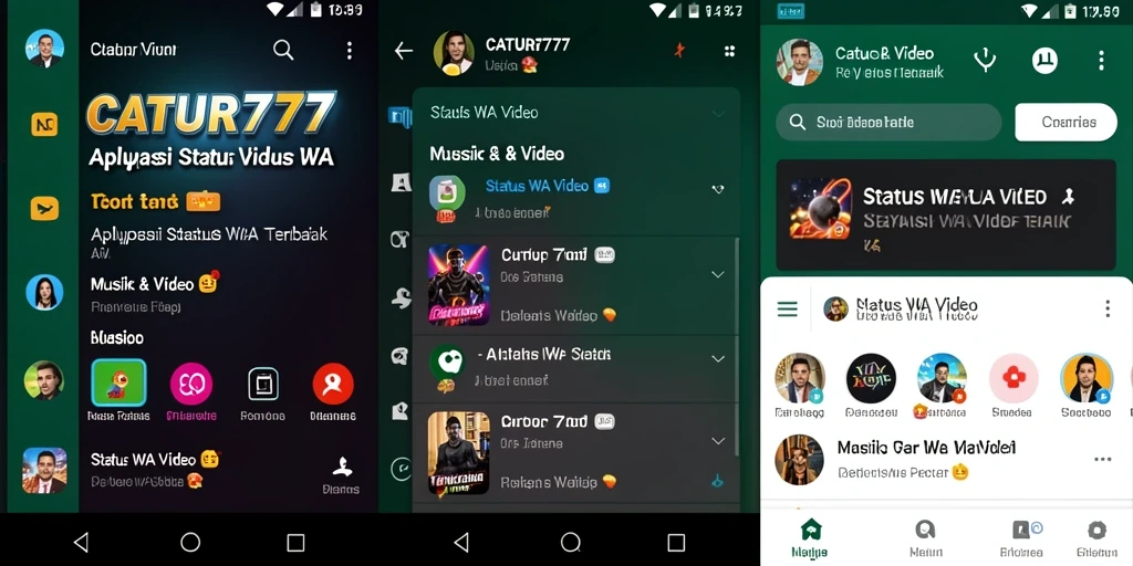 Antarmuka aplikasi CATUR777 yang menampilkan berbagai pilihan Status WA Video.