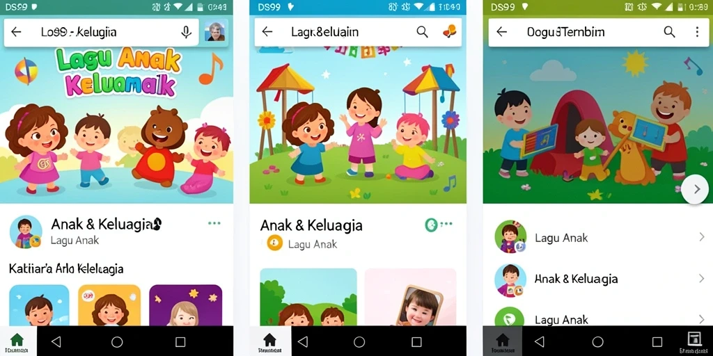 Antarmuka aplikasi DS99 untuk mendengarkan lagu anak yang menarik.