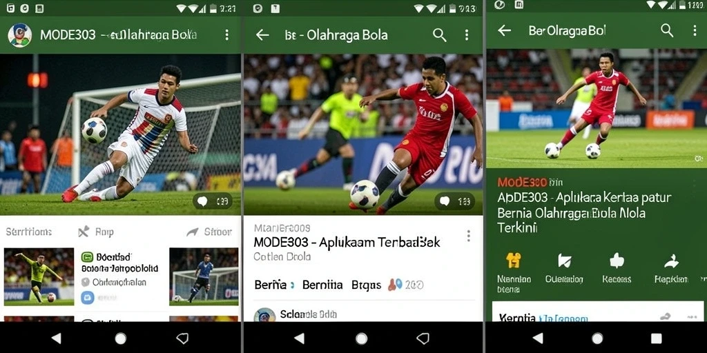 Tampilan antarmuka MODE303 dengan berita dan statistik olahraga bola.