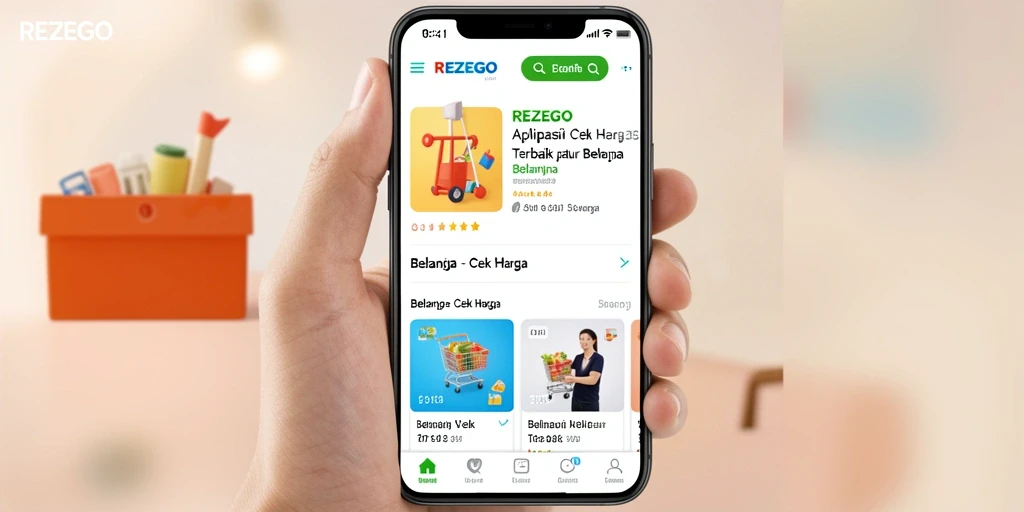 Antarmuka pengguna REZEGO dengan fitur Cek Harga yang penuh warna.
