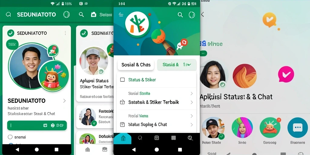 Antarmuka SEDUNIATOTO dengan stiker menarik dan status kreatif.